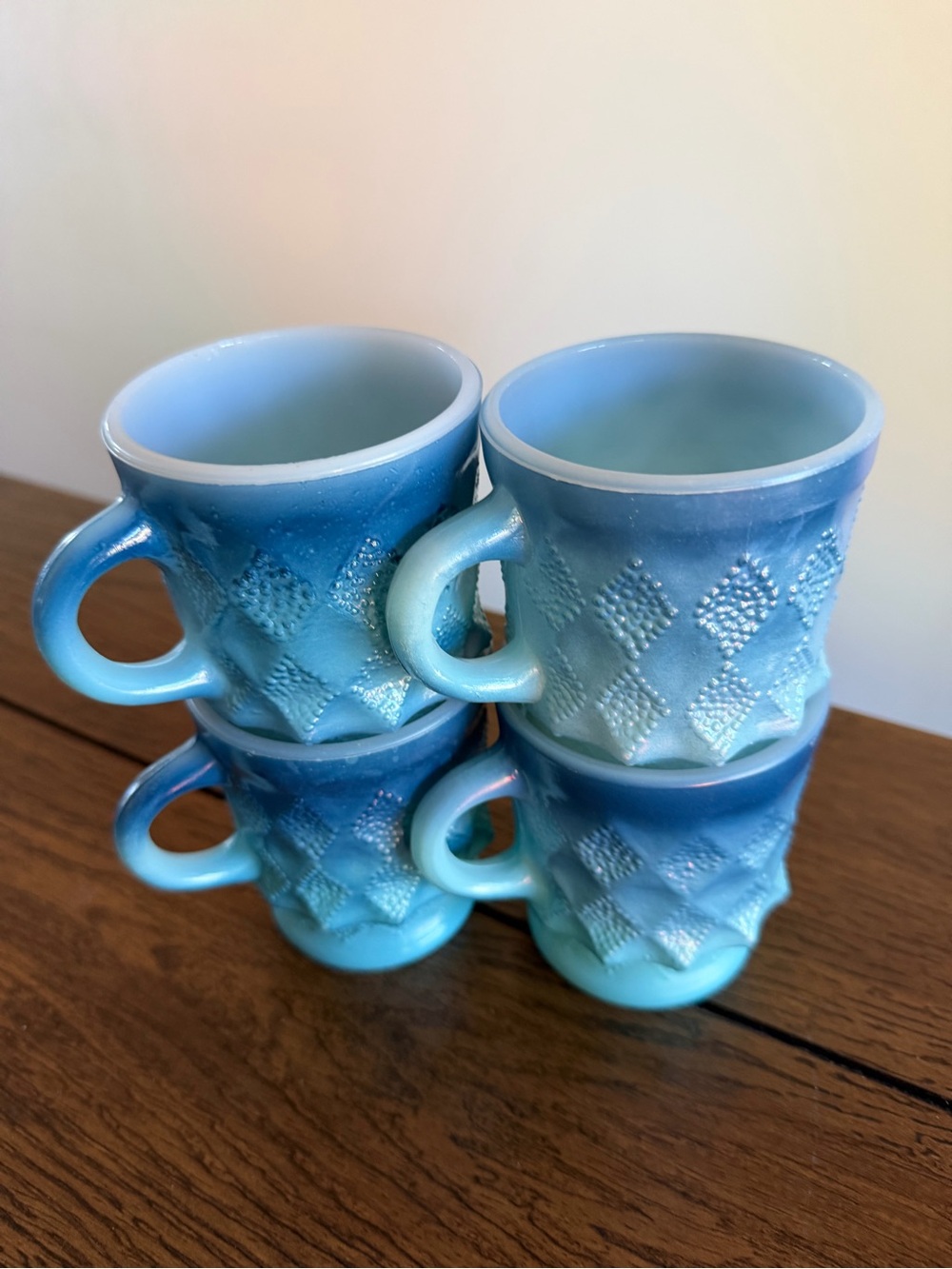 Vintage 1960s-70s Anchor Hocking Fire King Blue Kimberly Diamond Mugs Set of 4